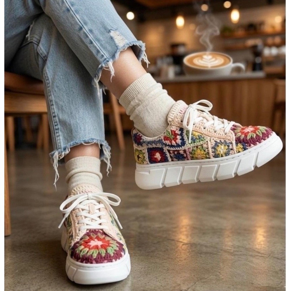 Free People Catch Me If You Can Crochet Granny Square Platform Sneakers Multi 37